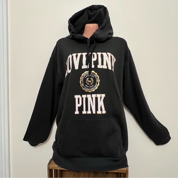 NWT Pink Victoria’s Secret Black Love Pink University Hoodie Oversized - Picture 2 of 9